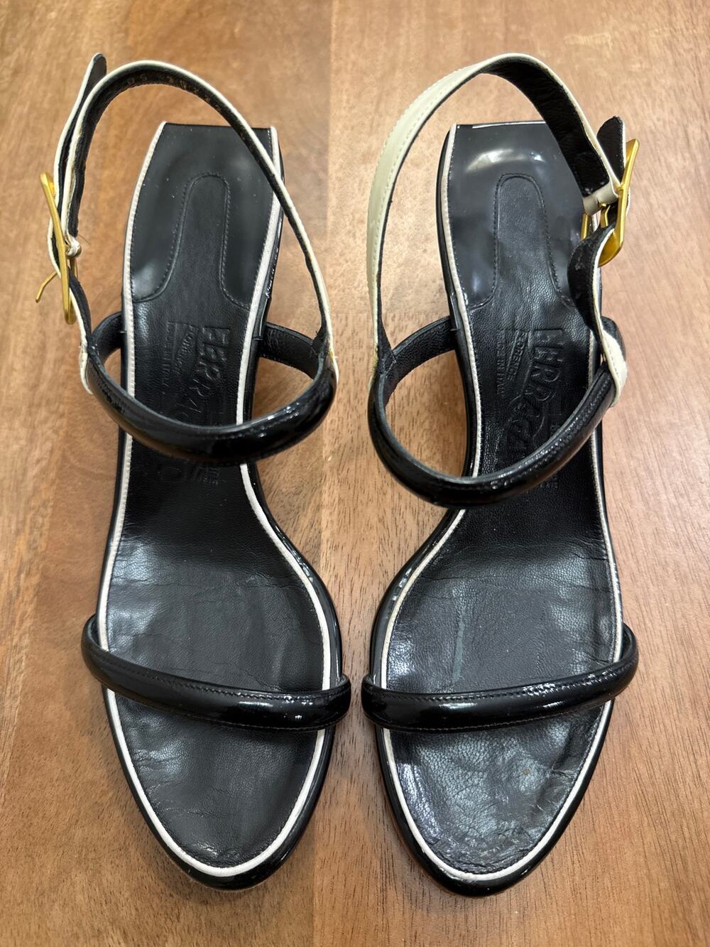 Salvatore Ferragamo Black Cream Patent Slingback Sandals 3” Heel Size 7.5 B